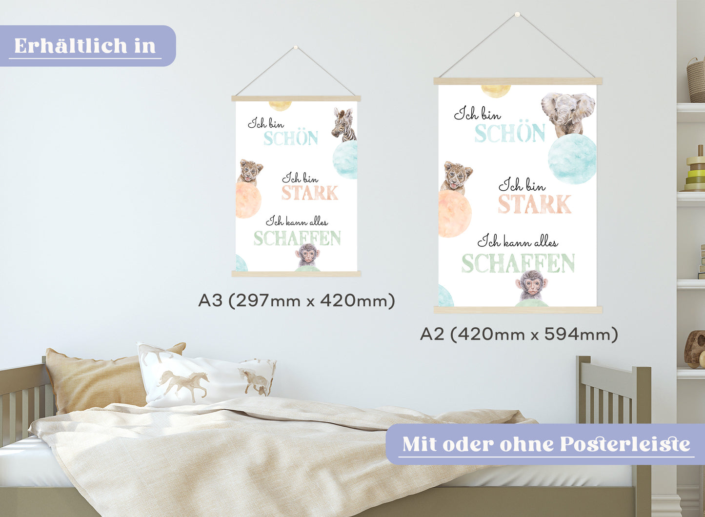 Affirmations-Tierposter für Kinder mit Giraffe & Löwe & Affe | positive Bekräftigung
