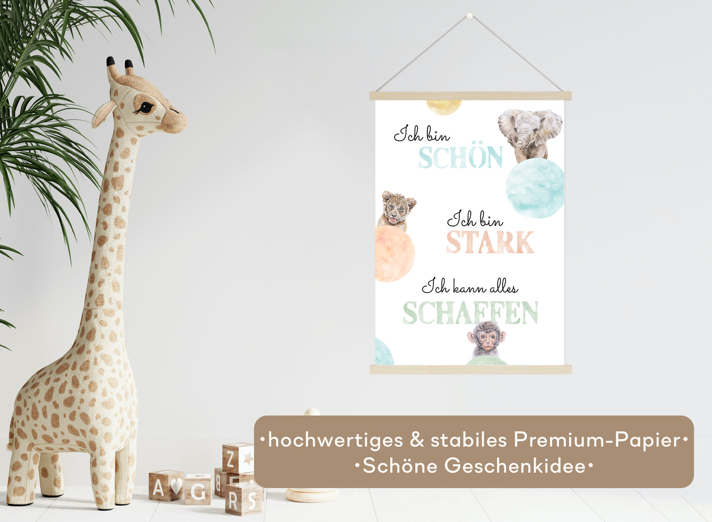 Affirmations-Tierposter für Kinder mit Giraffe & Löwe & Affe | positive Bekräftigung
