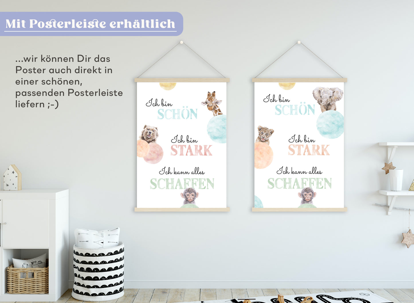 Affirmations-Tierposter für Kinder mit Giraffe & Löwe & Affe | positive Bekräftigung