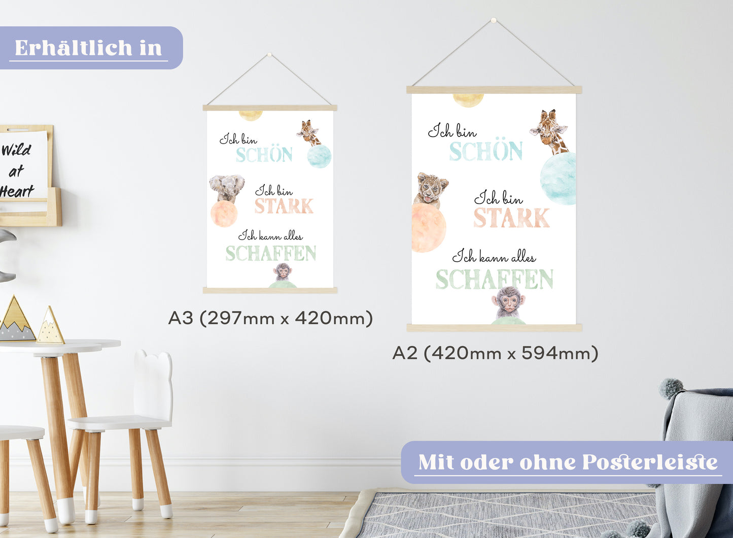 Affirmations-Tierposter für Kinder mit Giraffe & Löwe & Affe | positive Bekräftigung