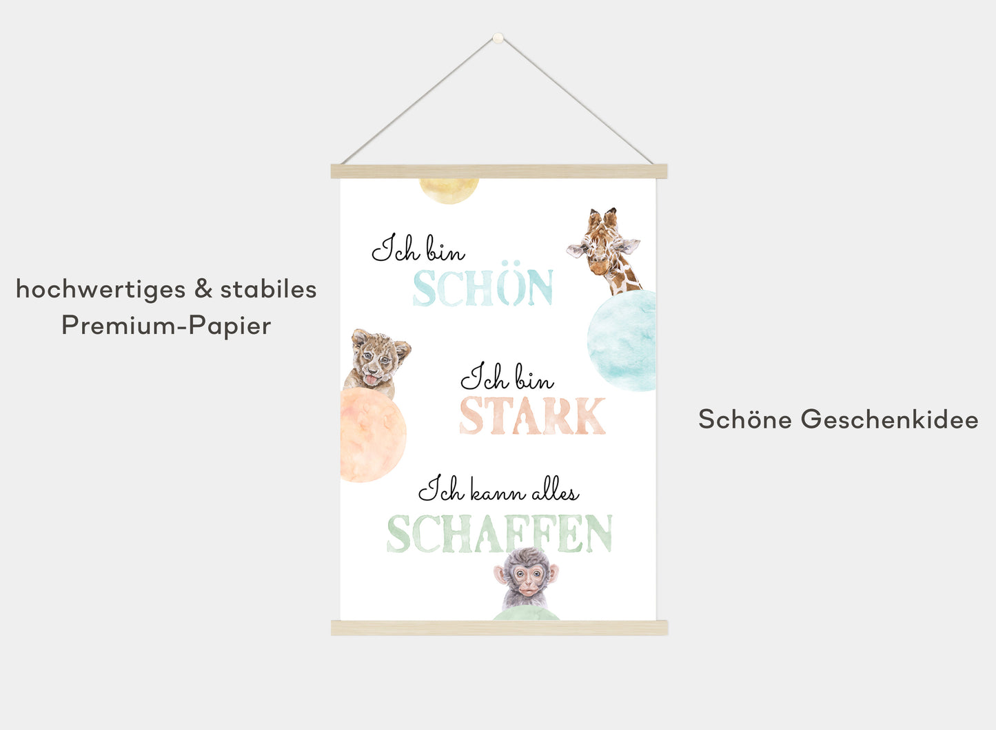 Affirmations-Tierposter für Kinder mit Giraffe & Löwe & Affe | positive Bekräftigung