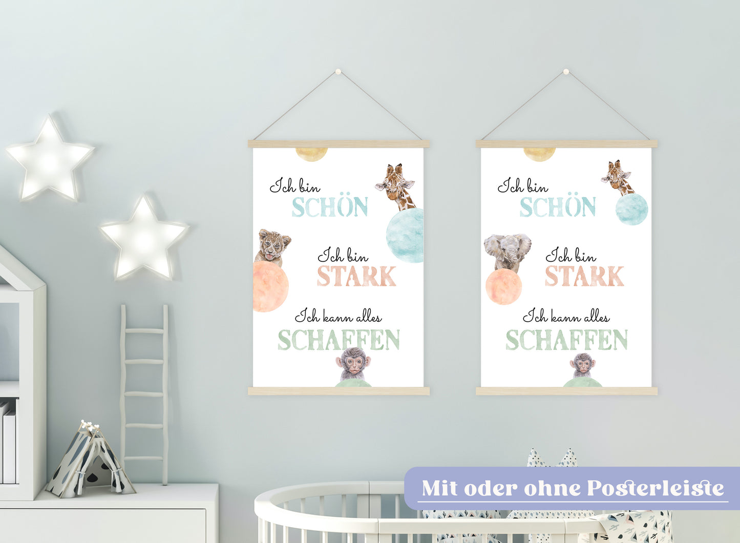 Affirmations-Tierposter für Kinder mit Giraffe & Löwe & Affe | positive Bekräftigung