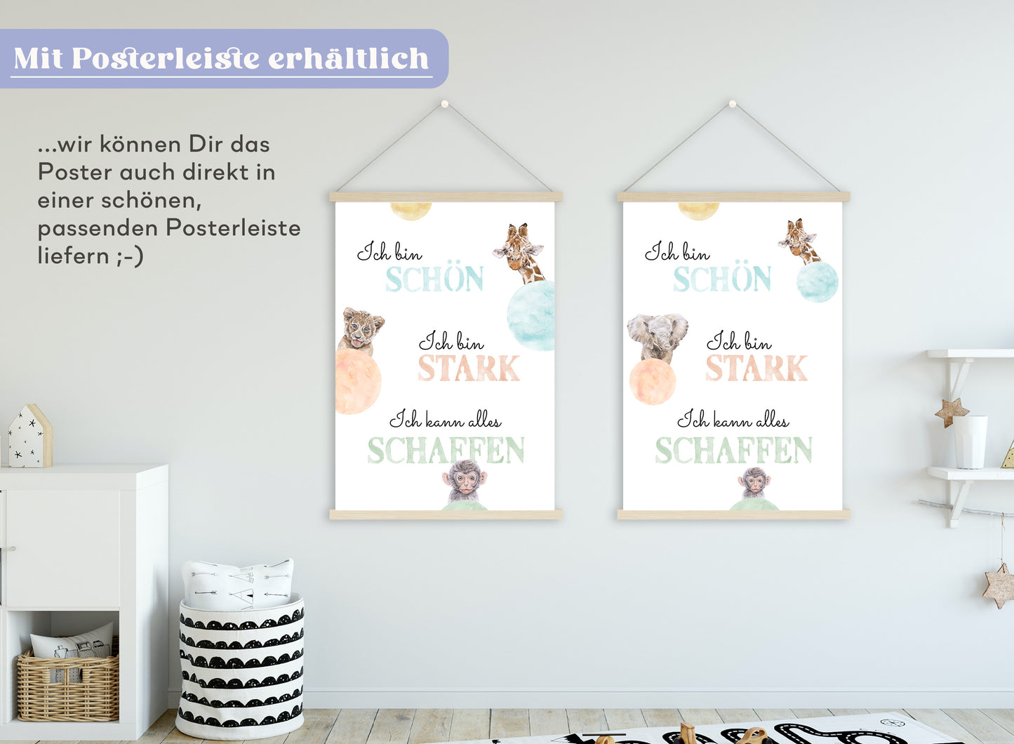 Affirmations-Tierposter für Kinder mit Giraffe & Löwe & Affe | positive Bekräftigung