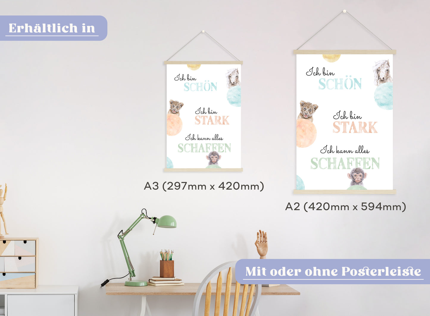 Affirmations-Tierposter für Kinder mit Giraffe & Löwe & Affe | positive Bekräftigung