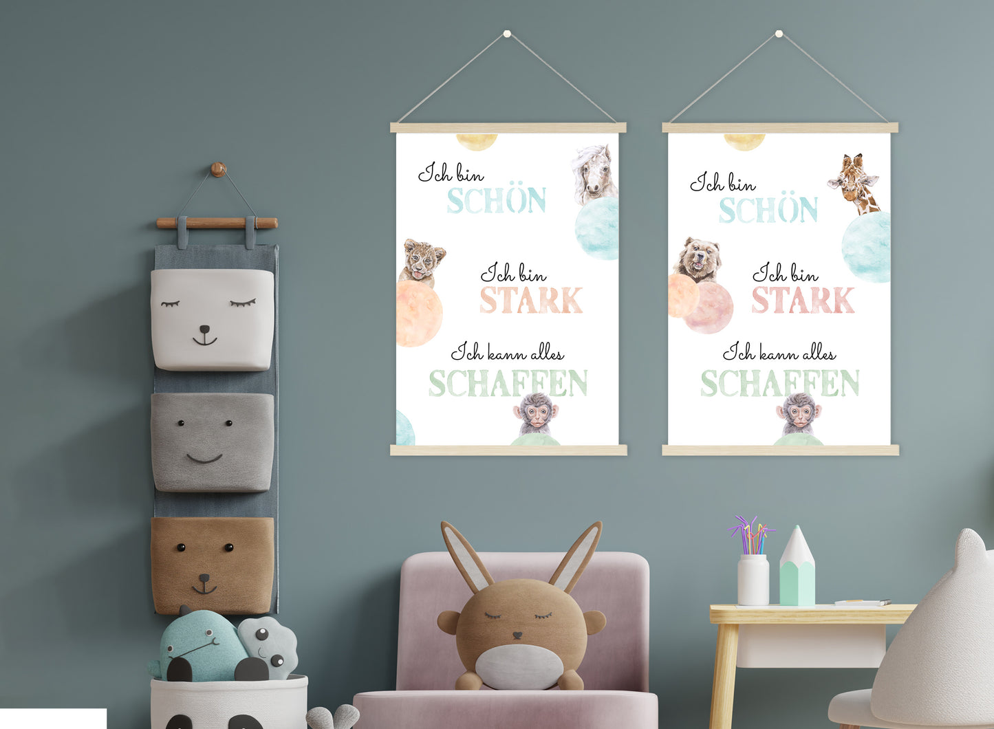 Affirmations-Tierposter für Kinder mit Giraffe & Löwe & Affe | positive Bekräftigung