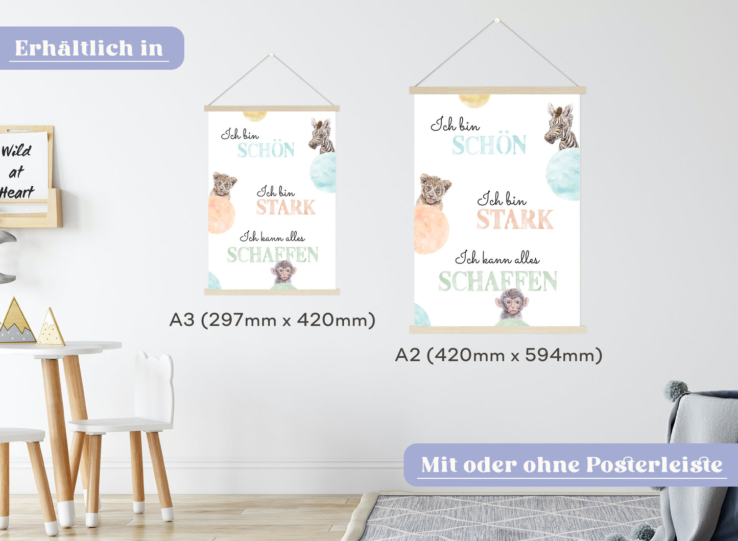 Affirmations-Tierposter für Kinder mit Giraffe & Löwe & Affe | positive Bekräftigung