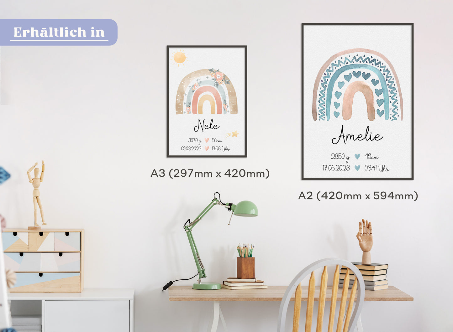 Regenbogen Geburtsposter mit Babyname & Geburtsdaten