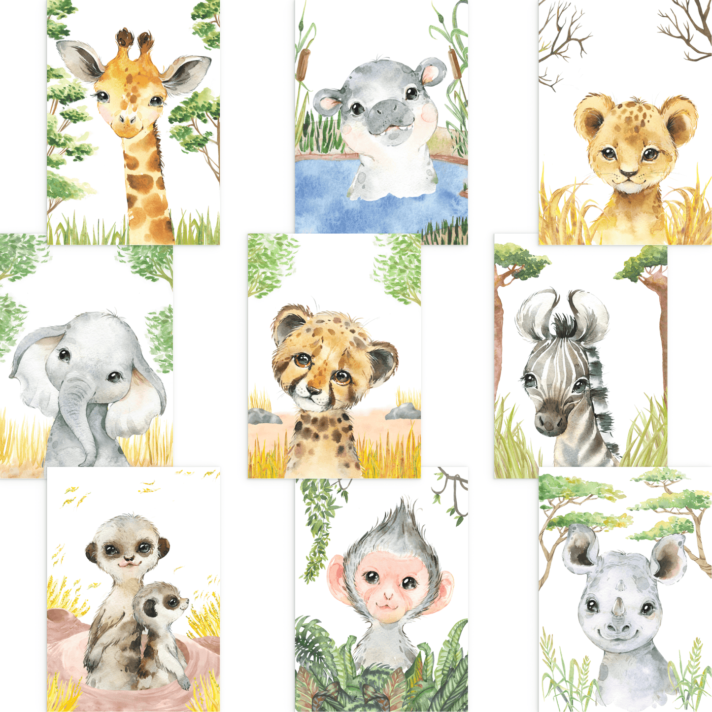 9er Poster Set mit Tieren Afrikas fürs Kinderzimmer I Löwe, Giraffe, Affe, Zebra uvm. als süße Babyzimmer Deko I ohne Rahmen I CreativeRobin