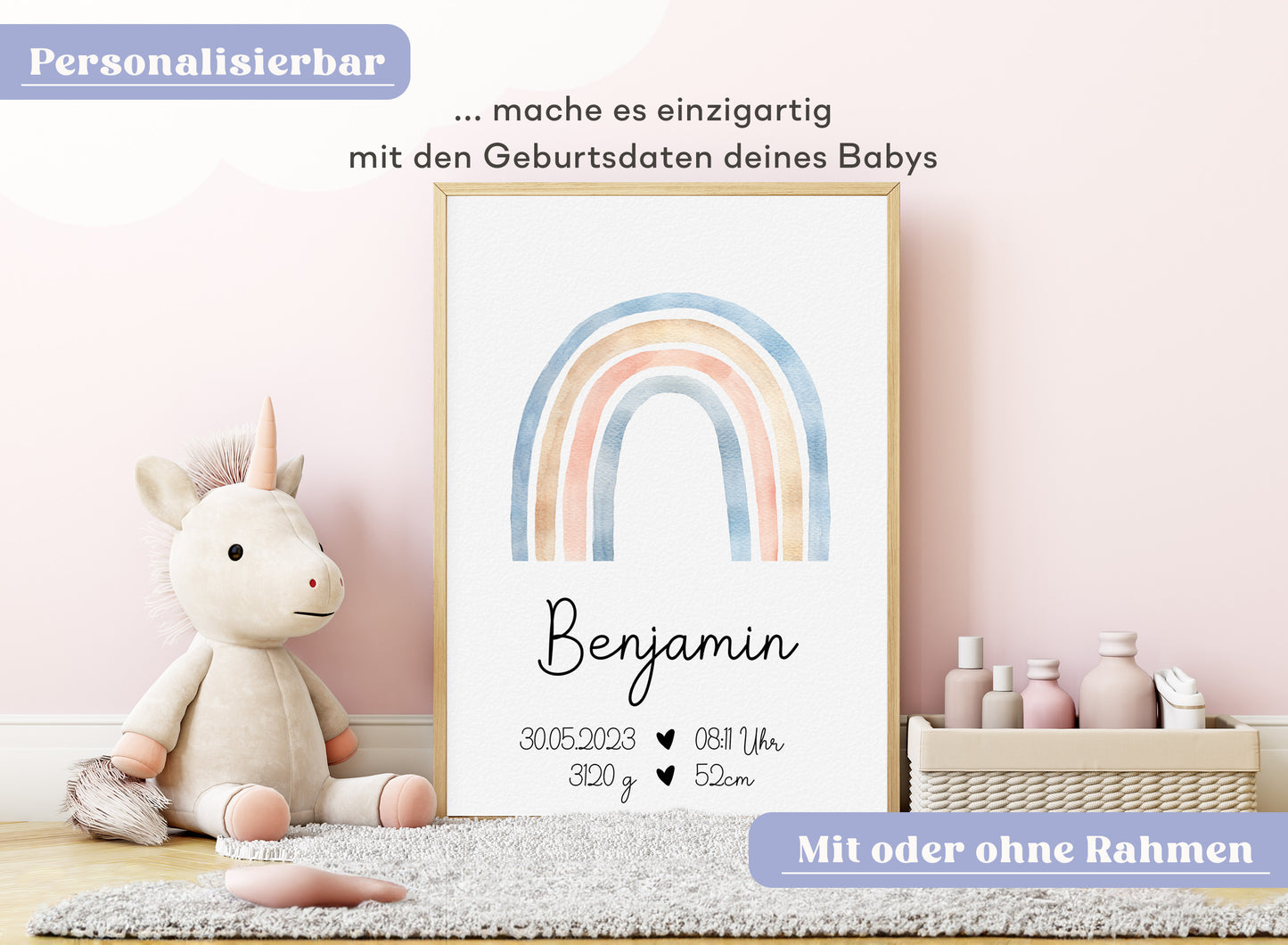 Regenbogen Geburtsposter mit Babyname & Geburtsdaten