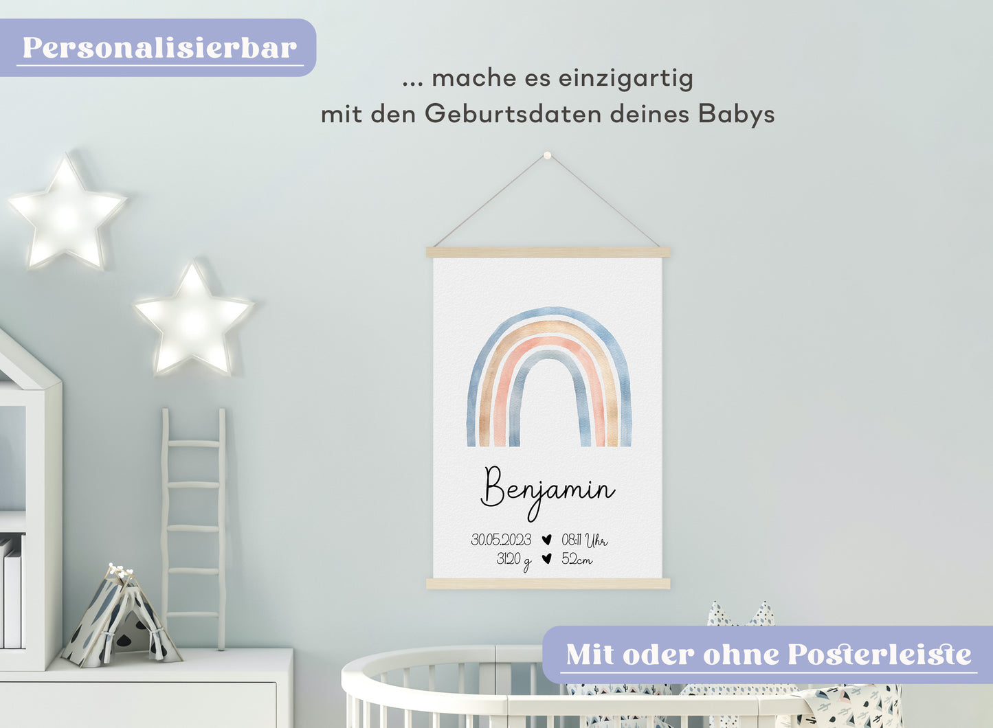 Regenbogen Geburtsposter mit Babyname & Geburtsdaten