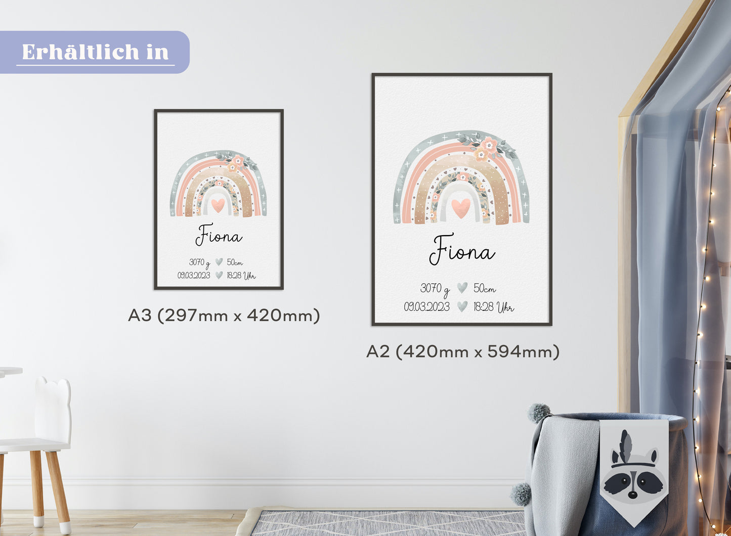Regenbogen Geburtsposter mit Babyname & Geburtsdaten