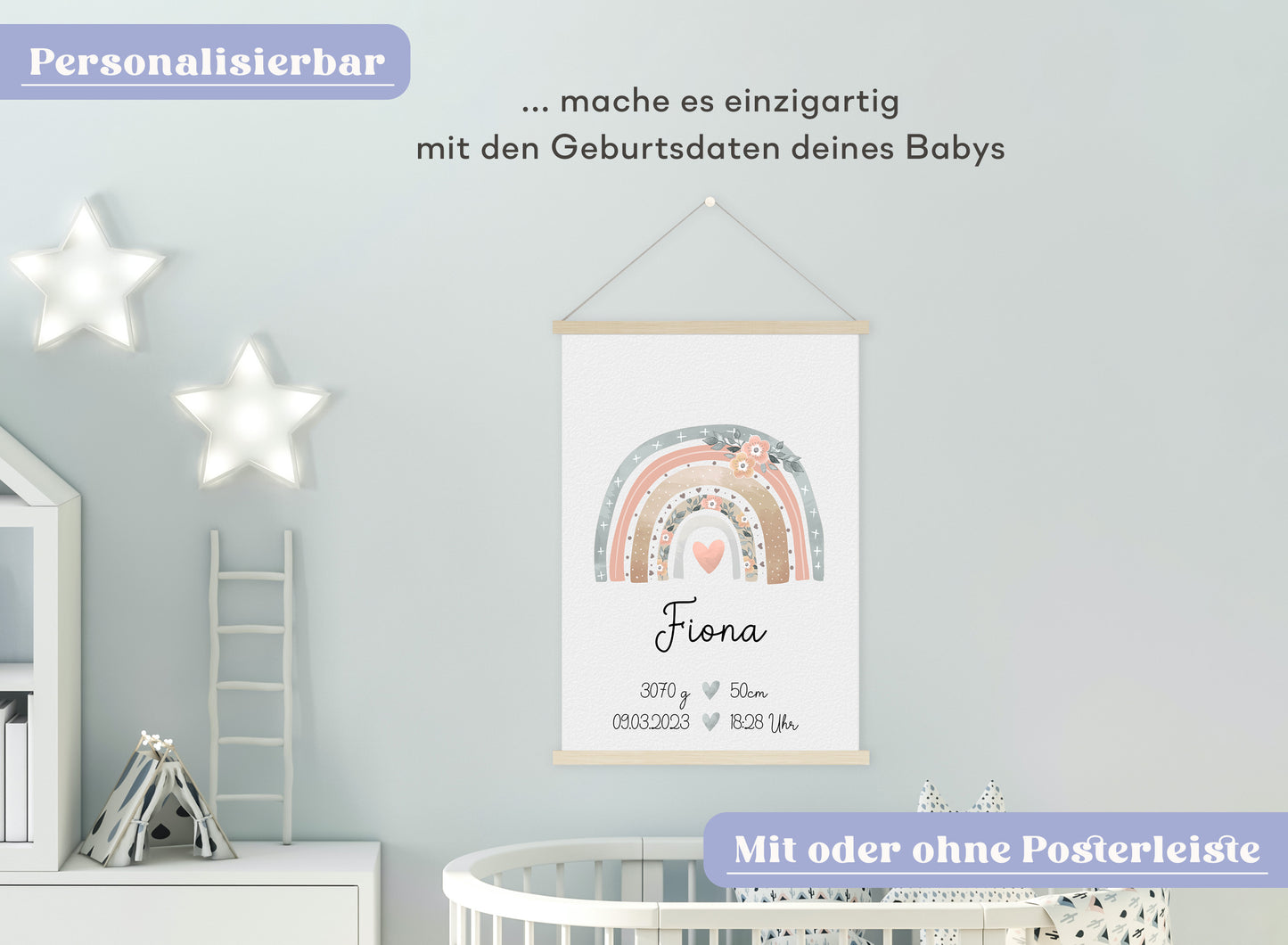 Regenbogen Geburtsposter mit Babyname & Geburtsdaten