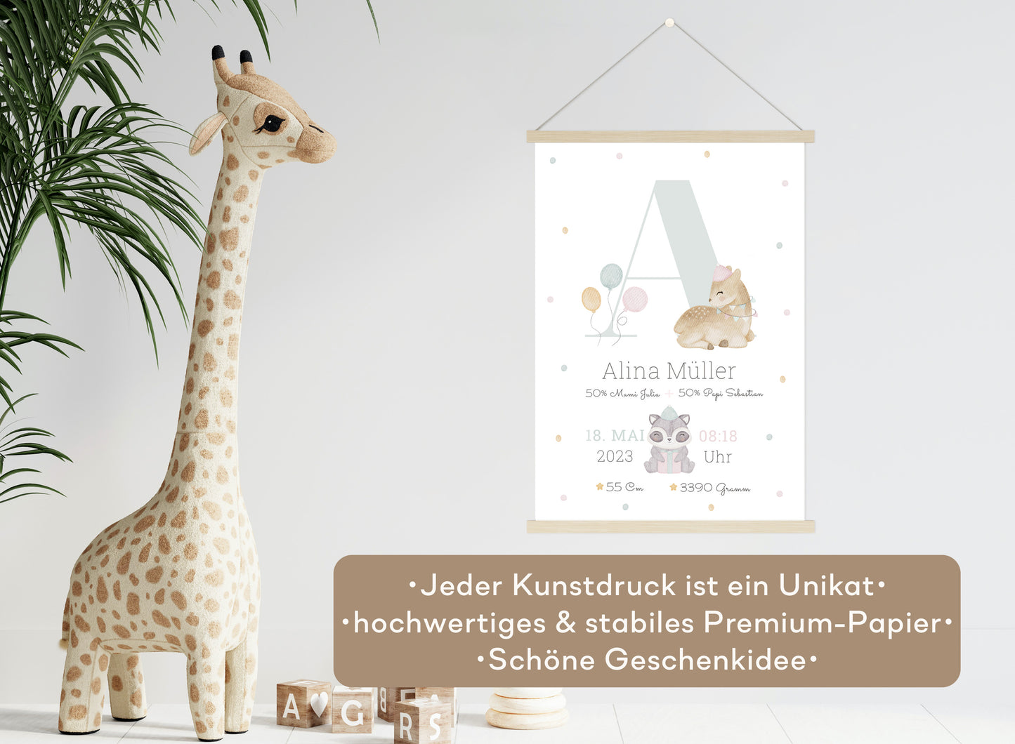 Personalisierbares Baby Geburtsposter mit Geburtsdaten und süßem Reh und Waschbär