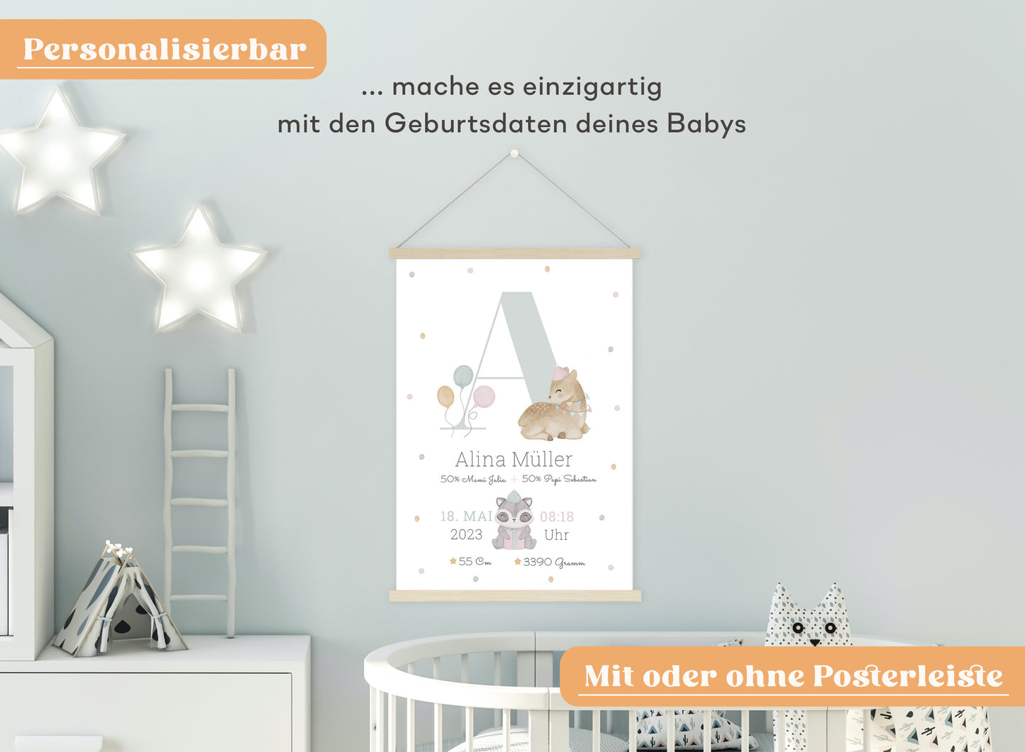 Personalisierbares Baby Geburtsposter mit Geburtsdaten und süßem Reh und Waschbär