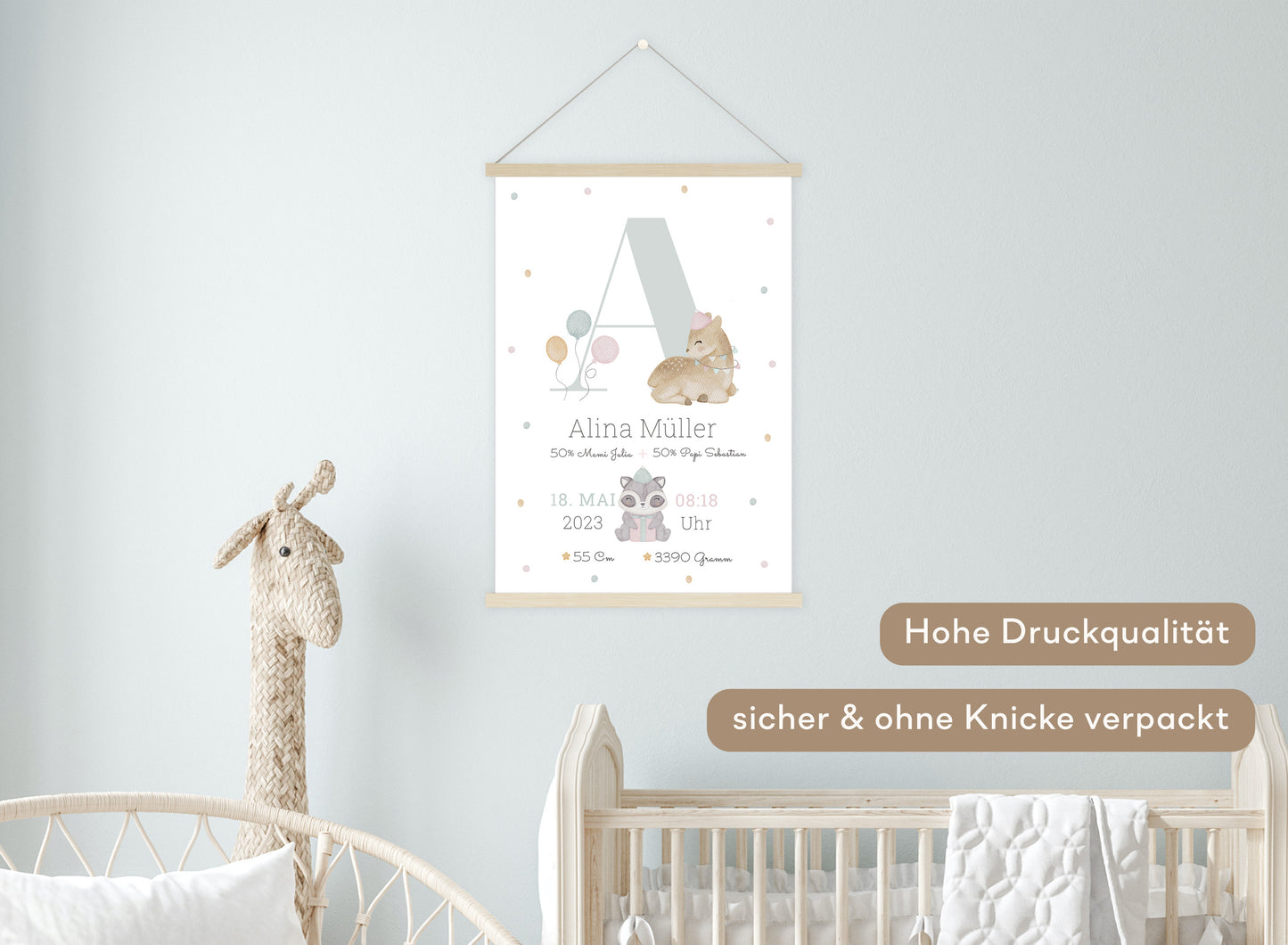 Personalisierbares Baby Geburtsposter mit Geburtsdaten und süßem Reh und Waschbär