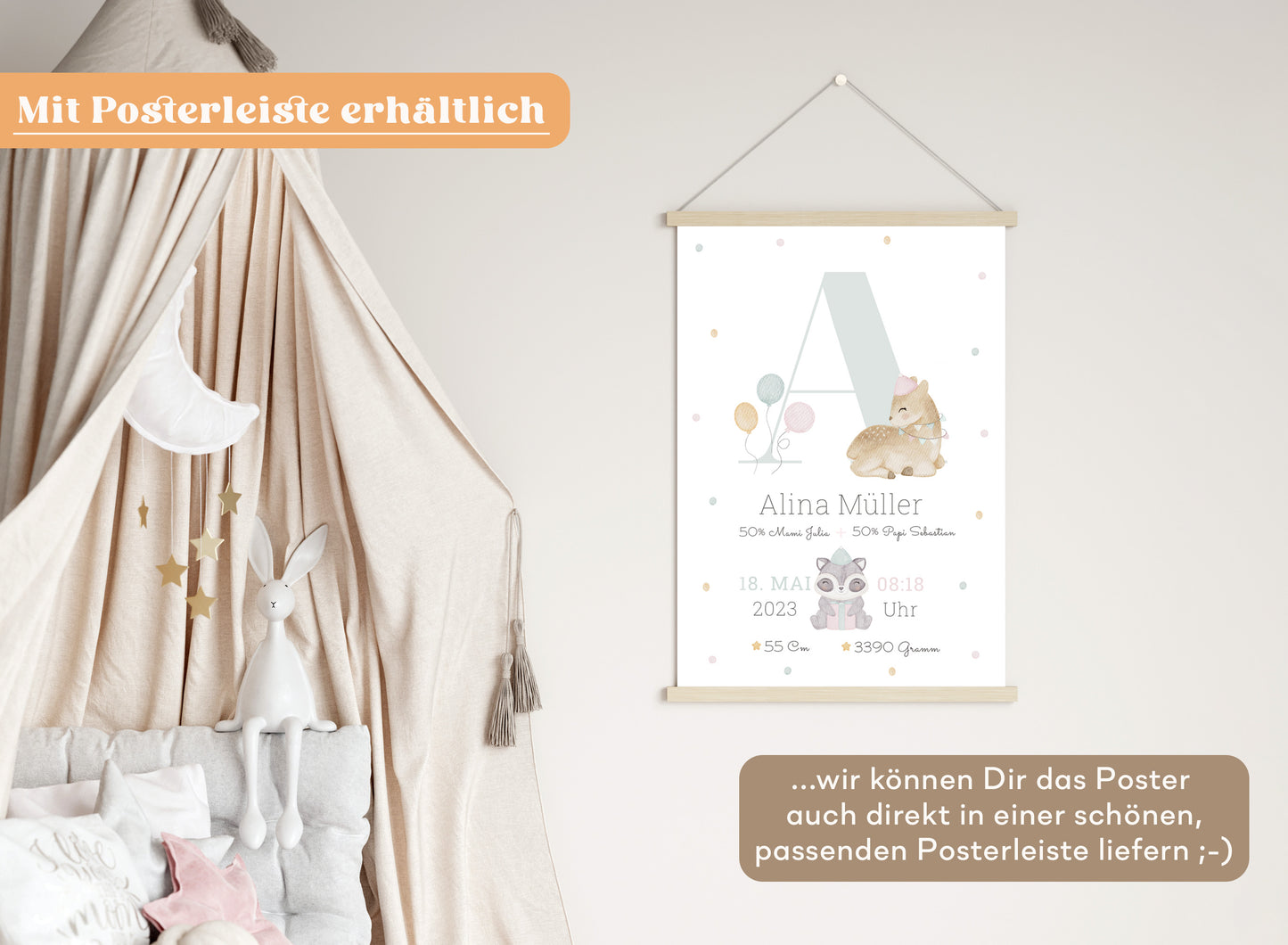 Personalisierbares Baby Geburtsposter mit Geburtsdaten und süßem Reh und Waschbär