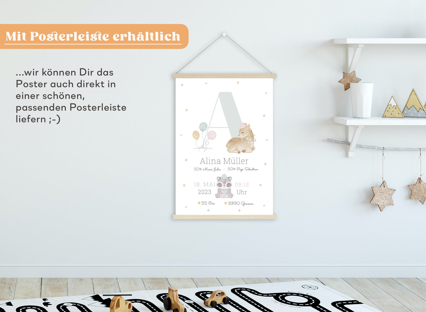 Personalisierbares Baby Geburtsposter mit Geburtsdaten und süßem Reh und Waschbär