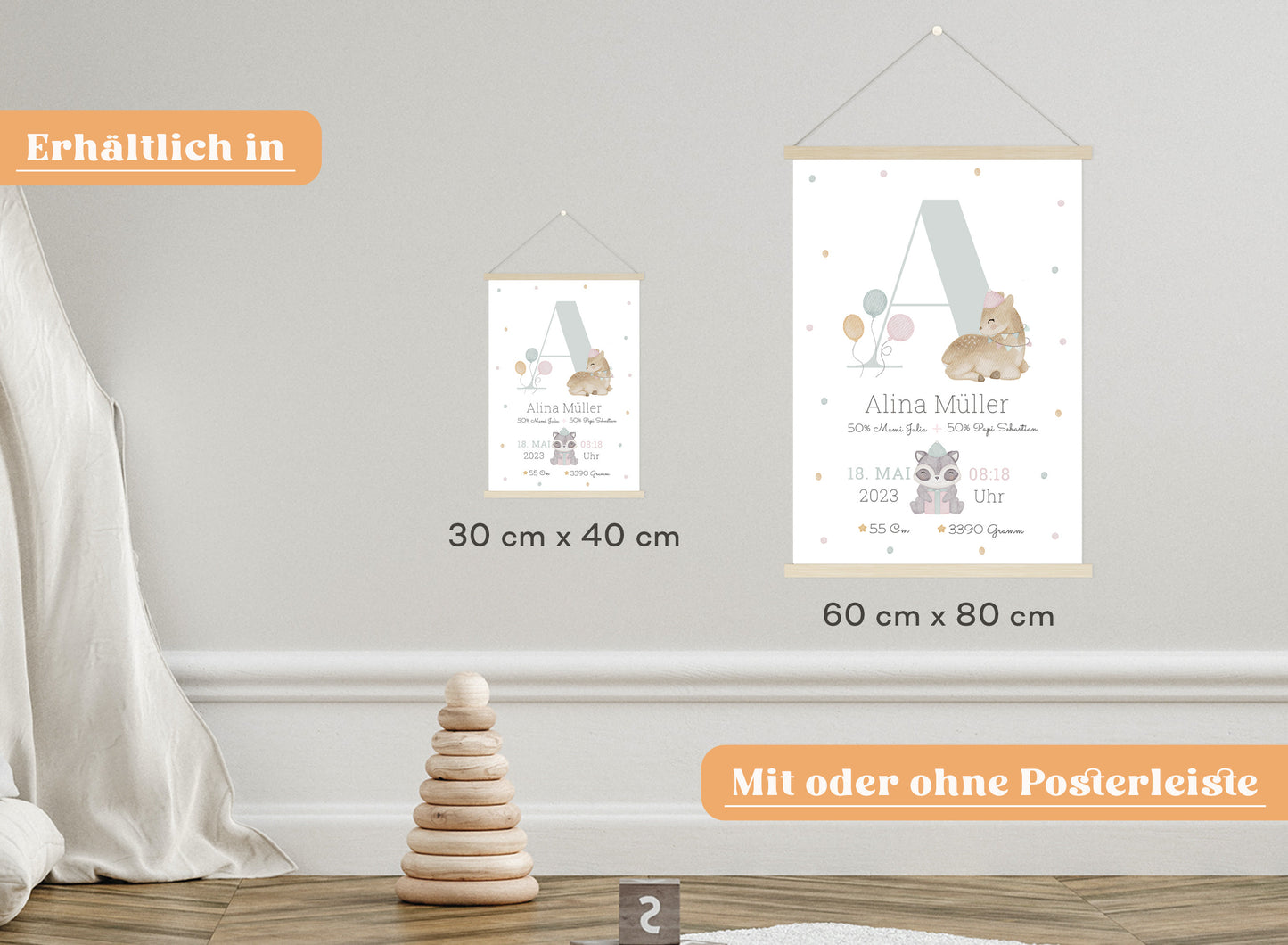 Personalisierbares Baby Geburtsposter mit Geburtsdaten und süßem Reh und Waschbär