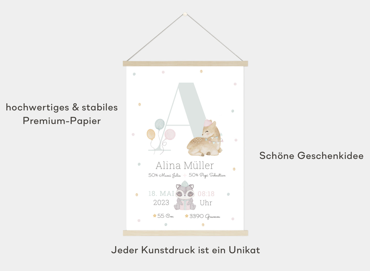Personalisierbares Baby Geburtsposter mit Geburtsdaten und süßem Reh und Waschbär