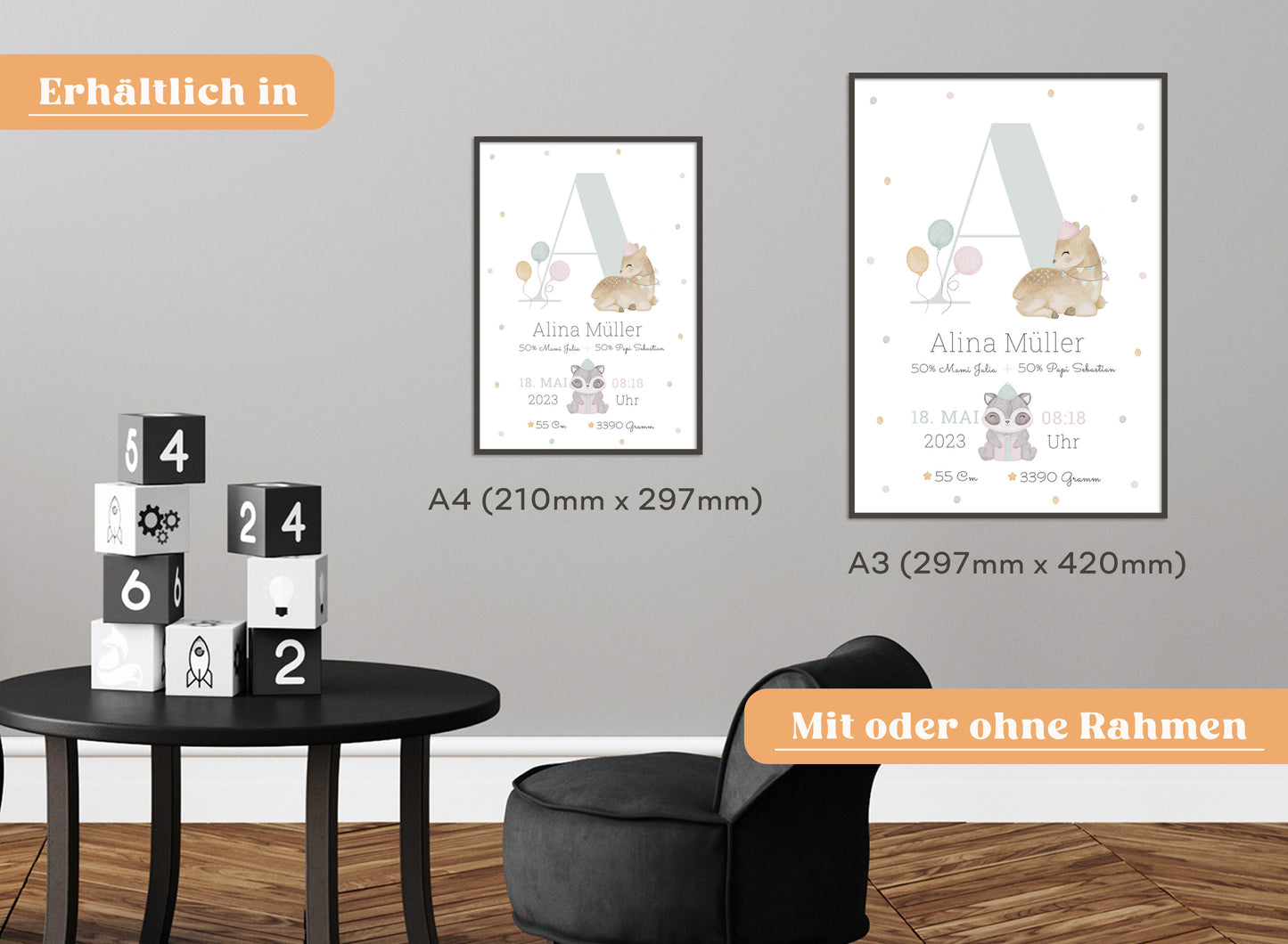 Personalisierbares Baby Geburtsposter mit Geburtsdaten und süßem Reh und Waschbär