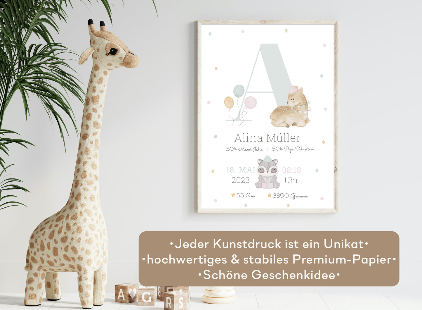 Personalisierbares Baby Geburtsposter mit Geburtsdaten und süßem Reh und Waschbär