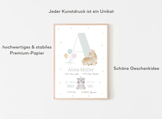 Personalisierbares Baby Geburtsposter mit Geburtsdaten und süßem Reh und Waschbär