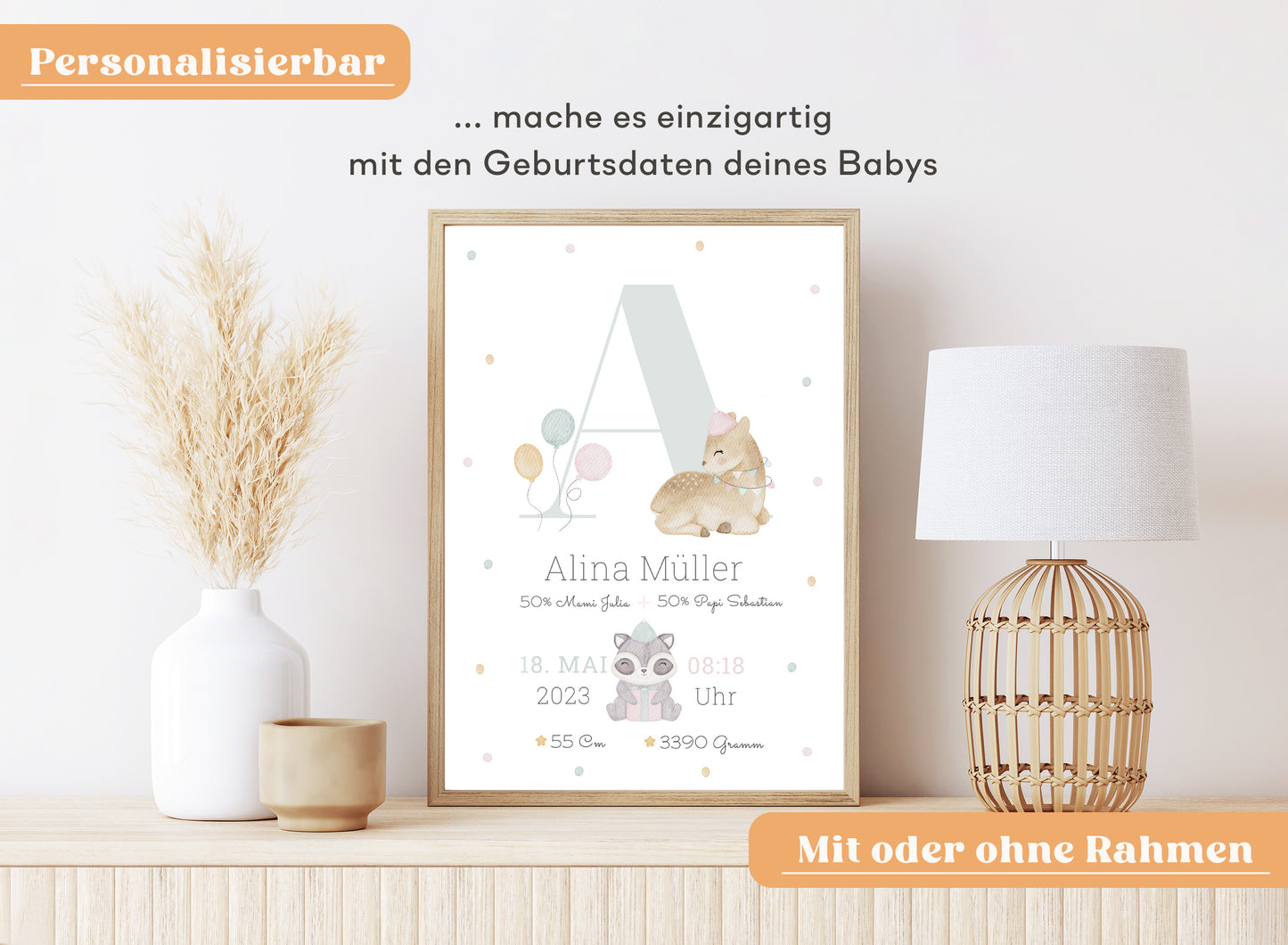 Personalisierbares Baby Geburtsposter mit Geburtsdaten und süßem Reh und Waschbär