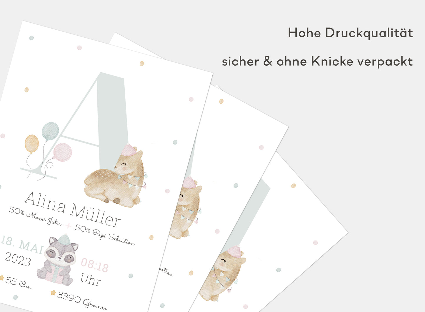 Personalisierbares Baby Geburtsposter mit Geburtsdaten und süßem Reh und Waschbär