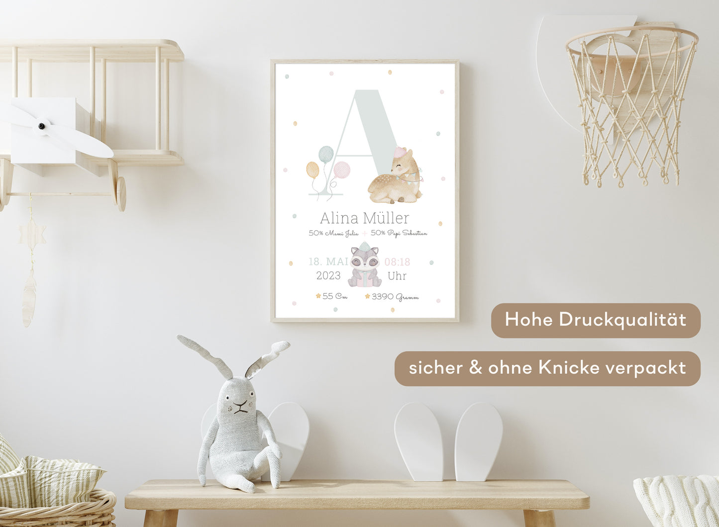 Personalisierbares Baby Geburtsposter mit Geburtsdaten und süßem Reh und Waschbär
