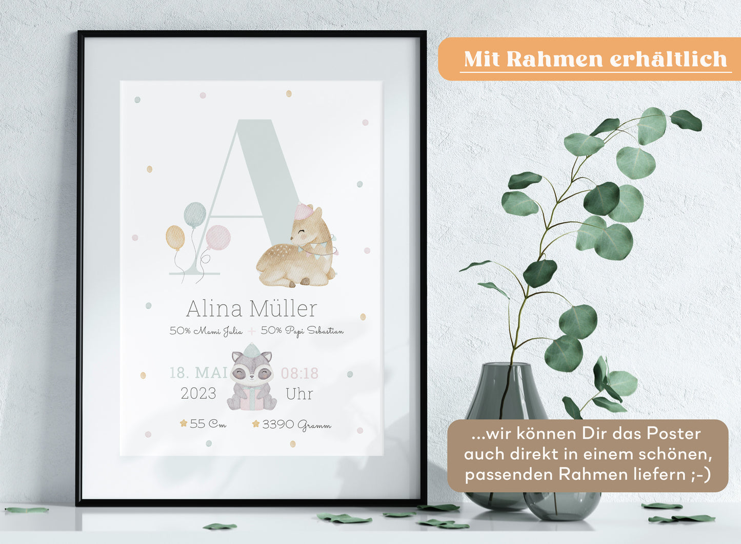 Personalisierbares Baby Geburtsposter mit Geburtsdaten und süßem Reh und Waschbär