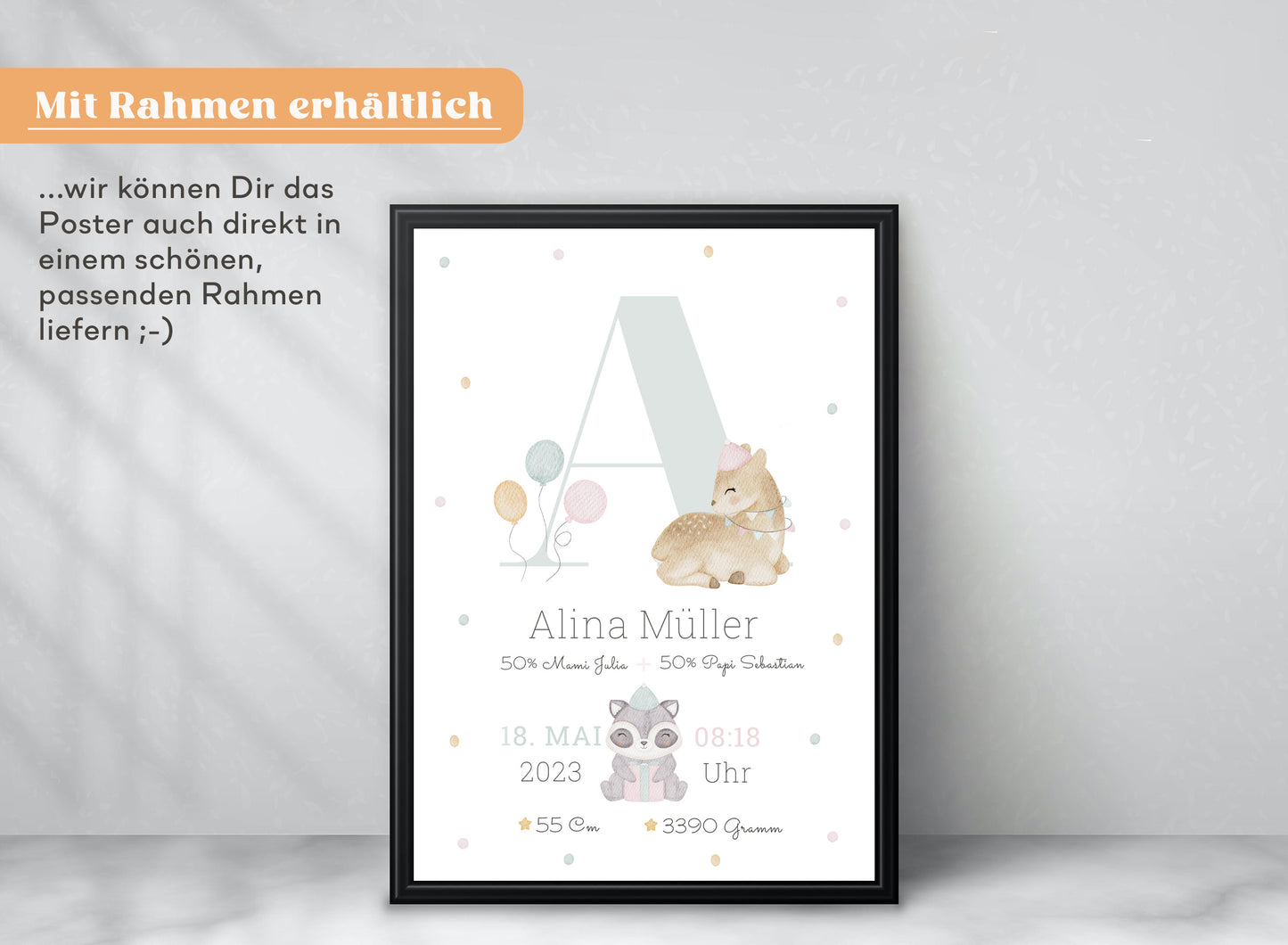 Personalisierbares Baby Geburtsposter mit Geburtsdaten und süßem Reh und Waschbär
