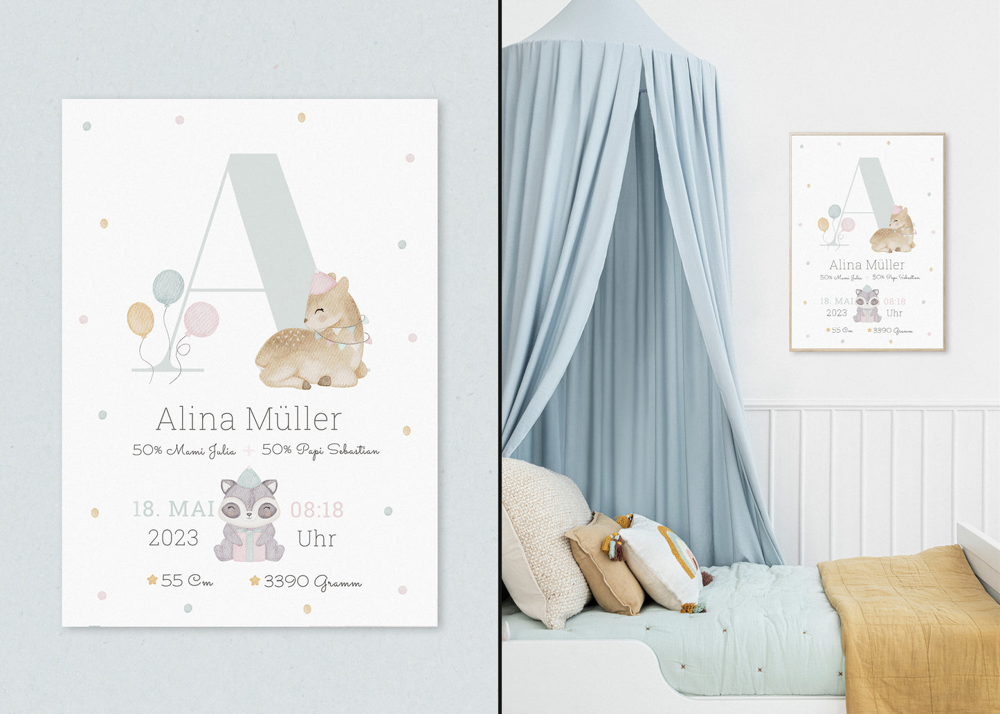 Personalisierbares Baby Geburtsposter mit Geburtsdaten und süßem Reh und Waschbär