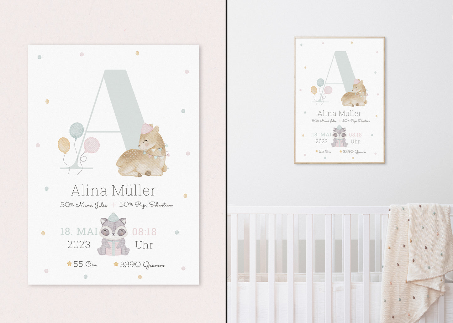 Personalisierbares Baby Geburtsposter mit Geburtsdaten und süßem Reh und Waschbär