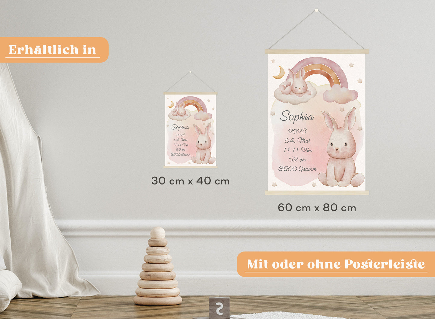 Personalisierbares Geburtsposter mit Babyname & HĂ€schen