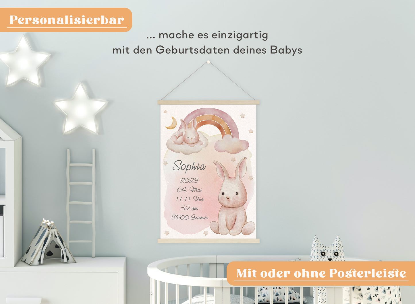 Personalisierbares Geburtsposter mit Babyname & HĂ€schen