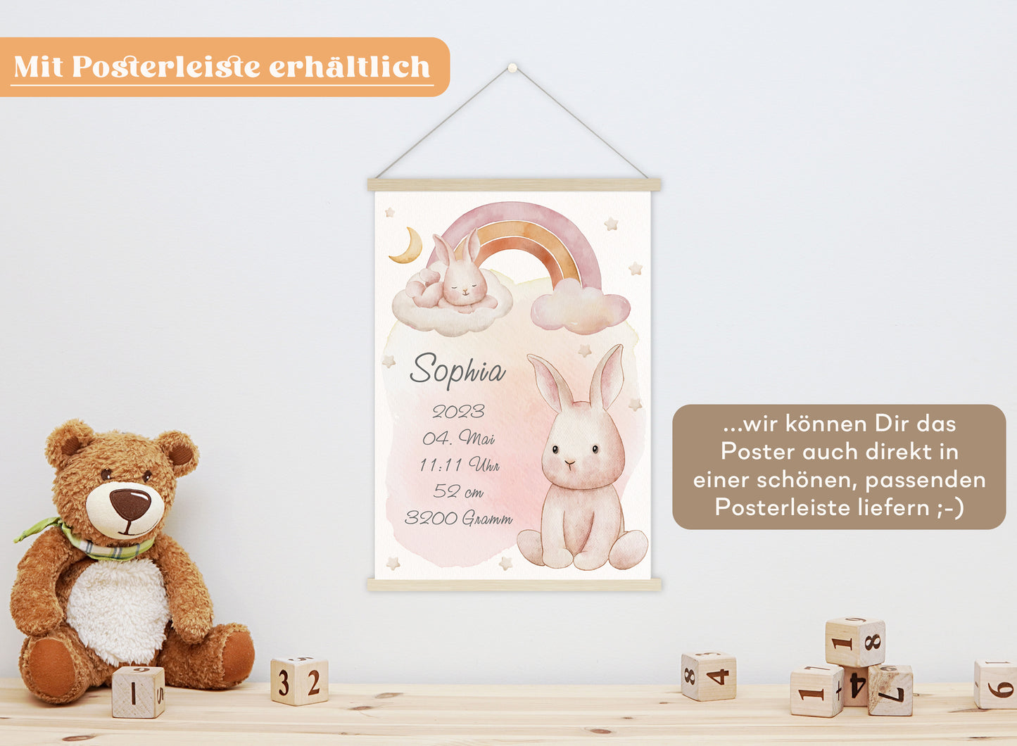 Personalisierbares Geburtsposter mit Babyname & HĂ€schen