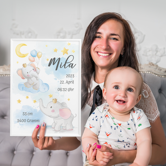 Geburtsposter mit Babyname Geburtsdaten & Elefanten I Personalisierbar