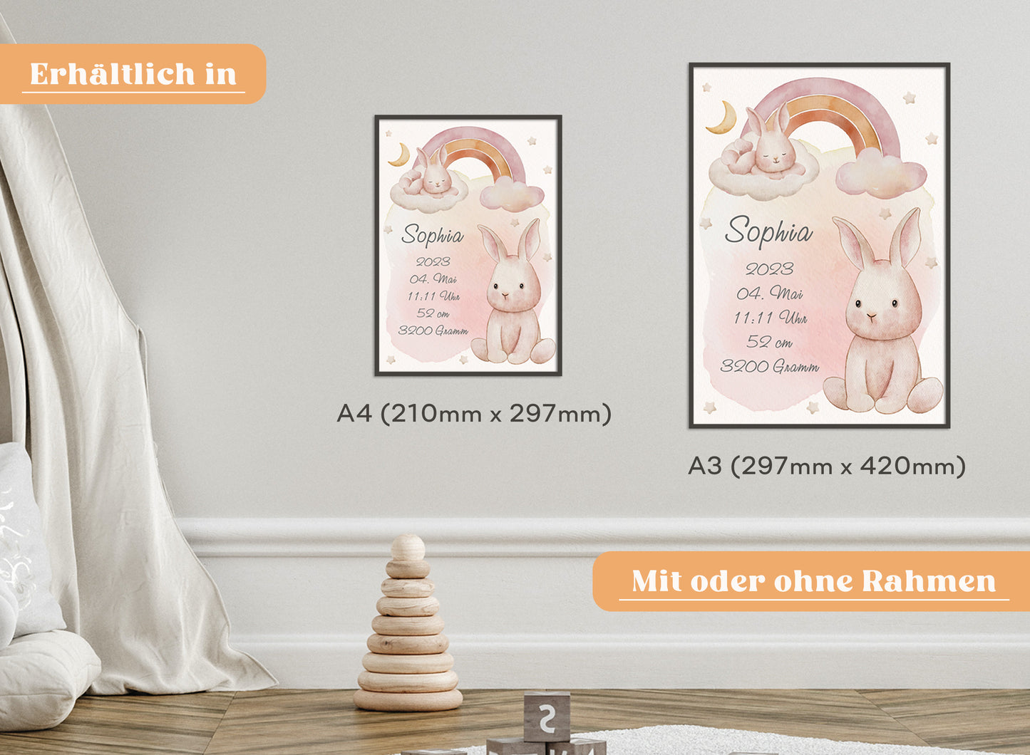 Personalisierbares Geburtsposter mit Babyname & HĂ€schen