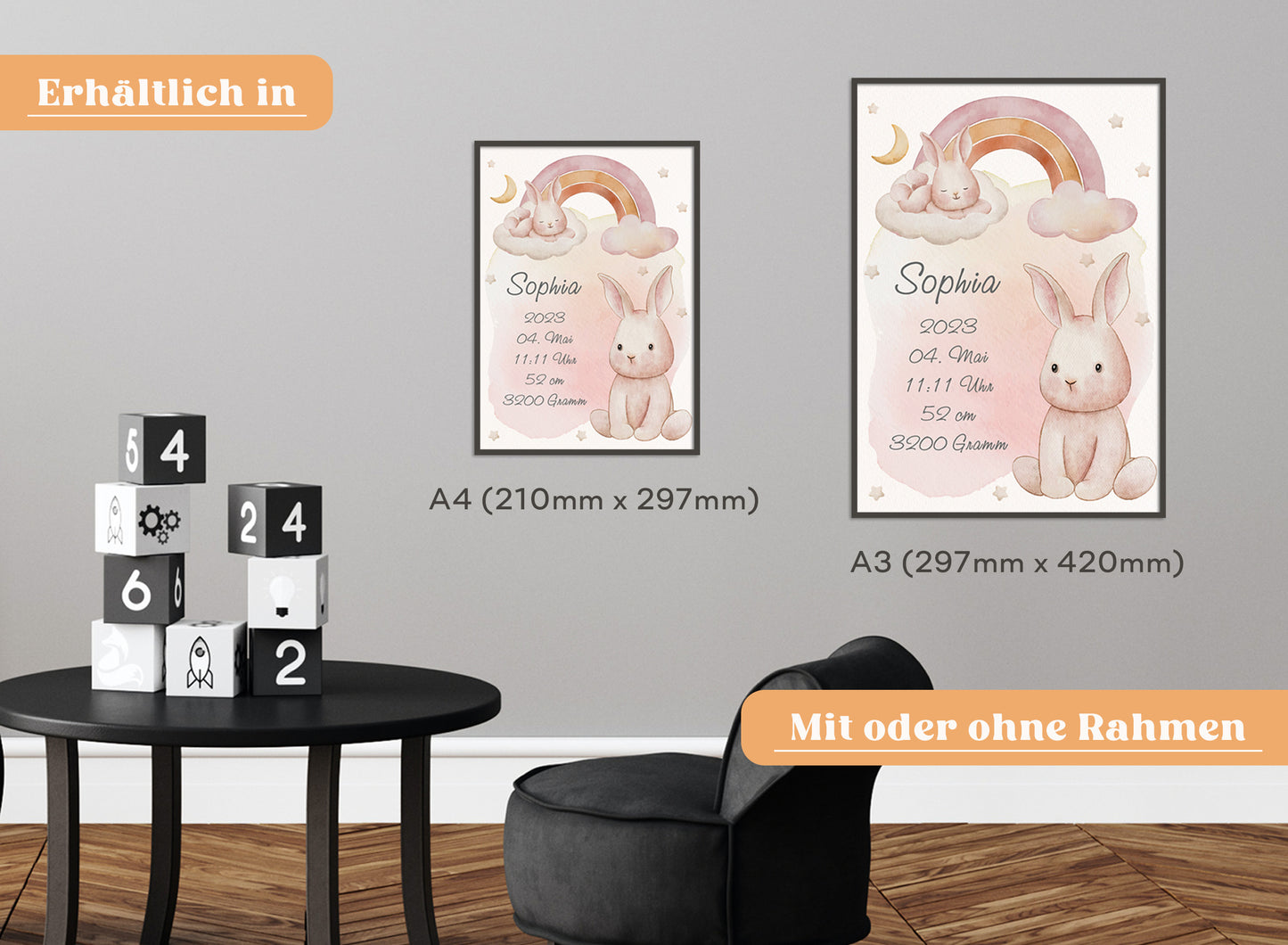 Personalisierbares Geburtsposter mit Babyname & HĂ€schen