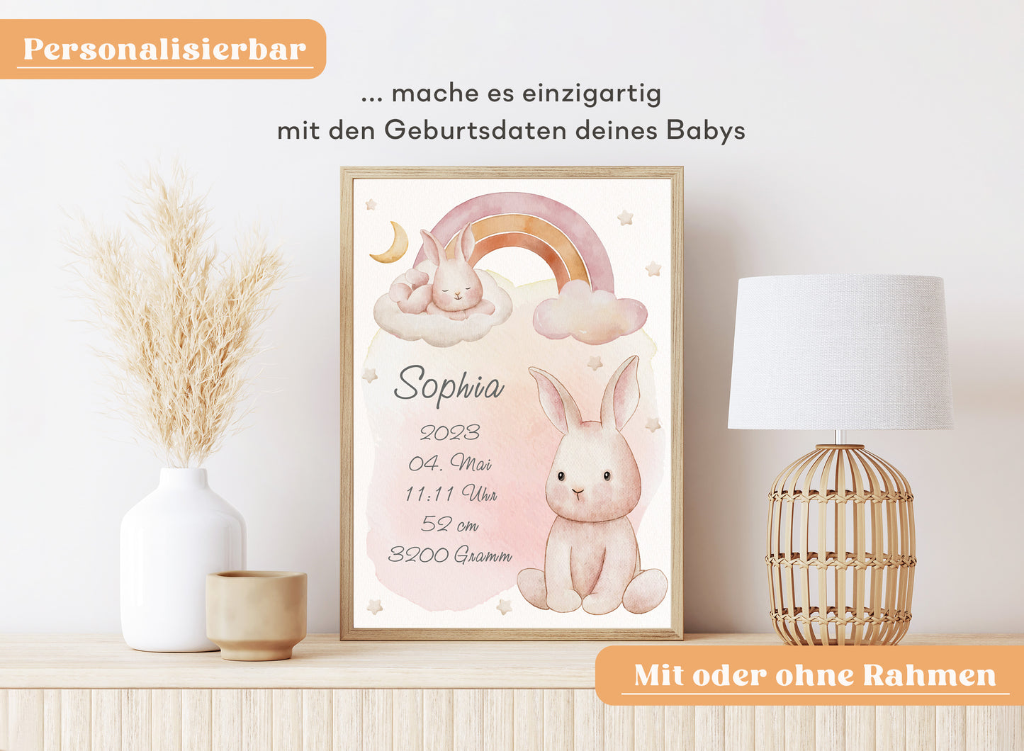 Personalisierbares Geburtsposter mit Babyname & HĂ€schen
