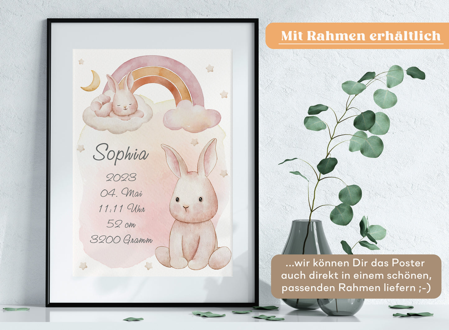 Personalisierbares Geburtsposter mit Babyname & HĂ€schen