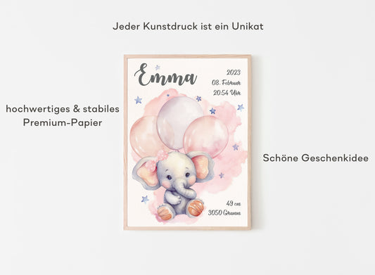 Personalisierbares Baby Geburtsposter mit Babyname Geburtsdaten & Elefanten
