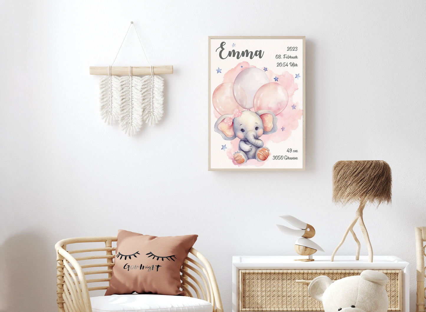 Personalisierbares Baby Geburtsposter mit Babyname Geburtsdaten & Elefanten