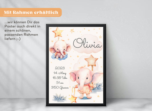 Personalisierbares Geburtsposter mit Babyname & Elefanten & Sternen