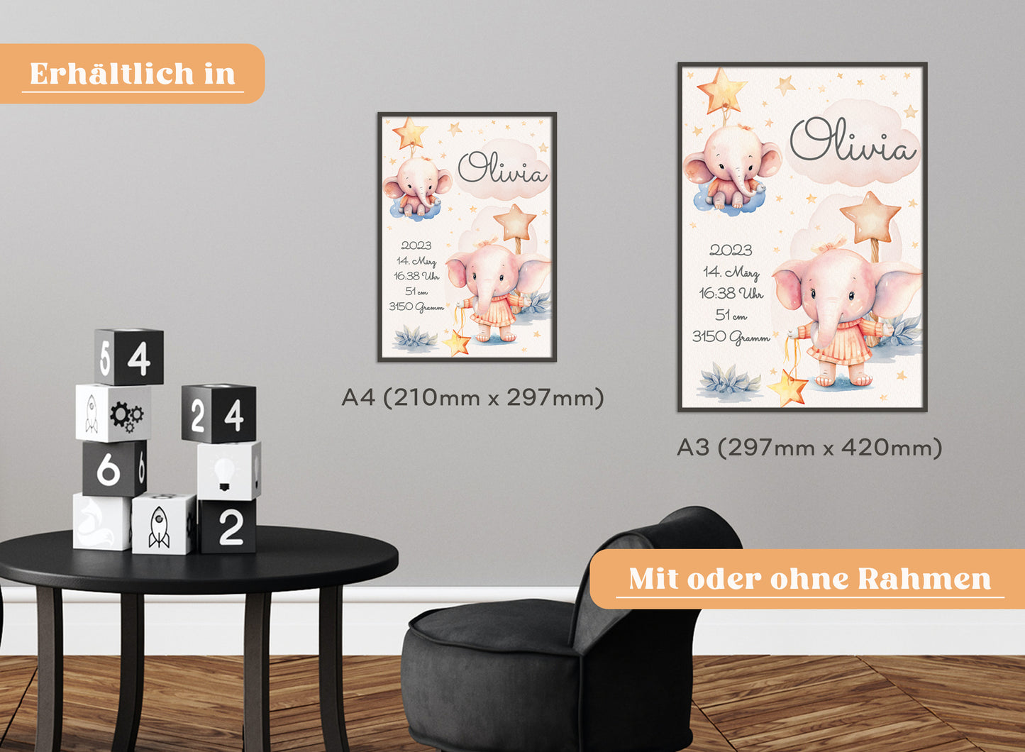 Personalisierbares Geburtsposter mit Babyname & Elefanten & Sternen