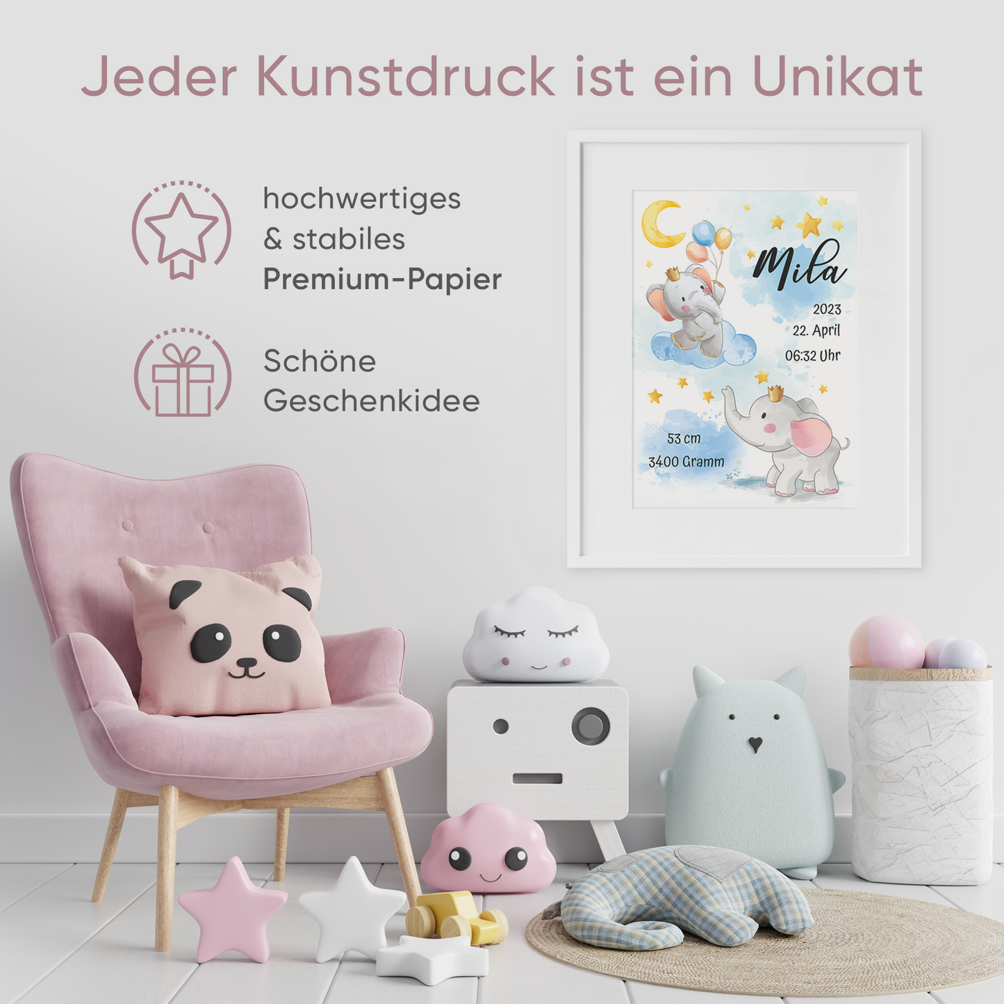 Geburtsposter mit Babyname Geburtsdaten & Elefanten I Personalisierbar
