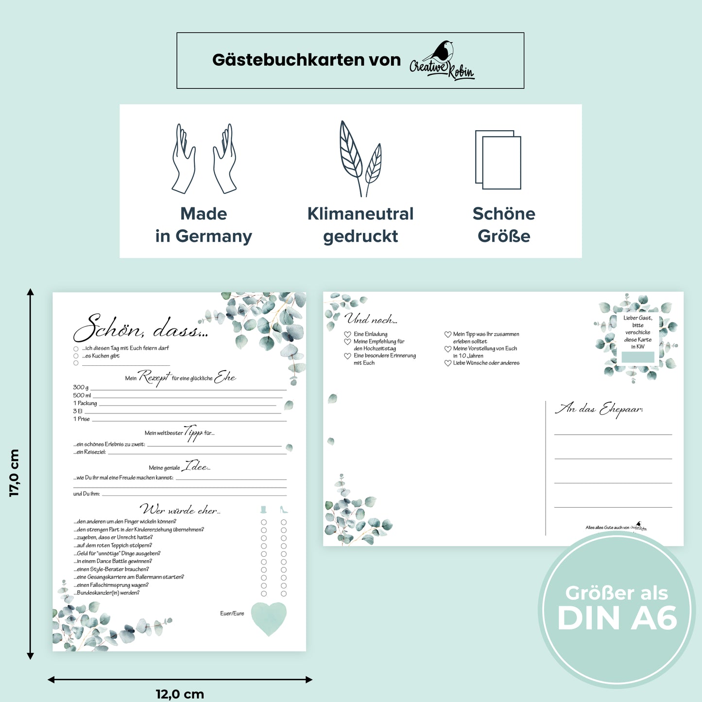 Hochzeitsspiel & Gästebuch-Karten für 50 Gäste im schönen Eukalyptus Design