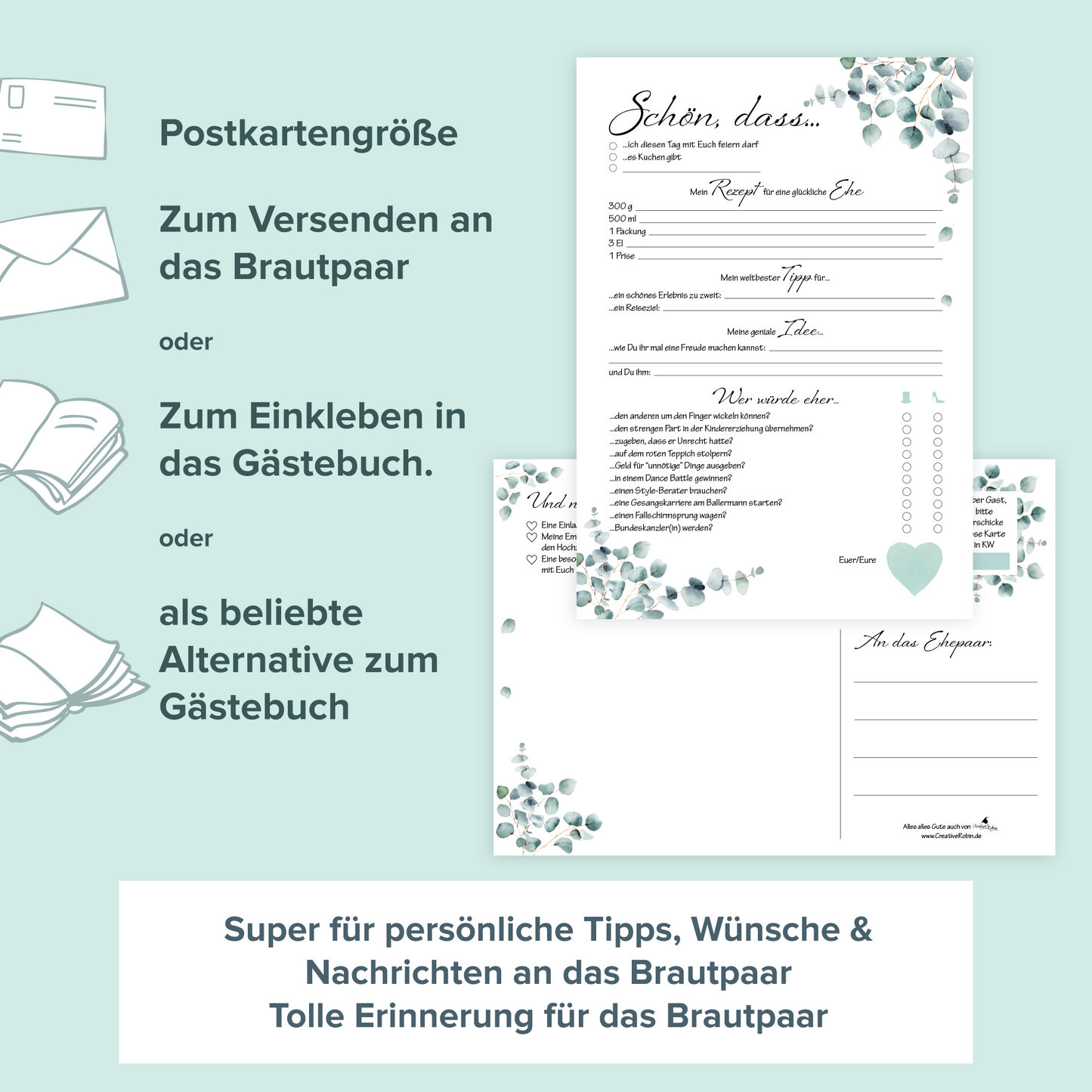 Hochzeitsspiel & Gästebuch-Karten für 50 Gäste im schönen Eukalyptus Design