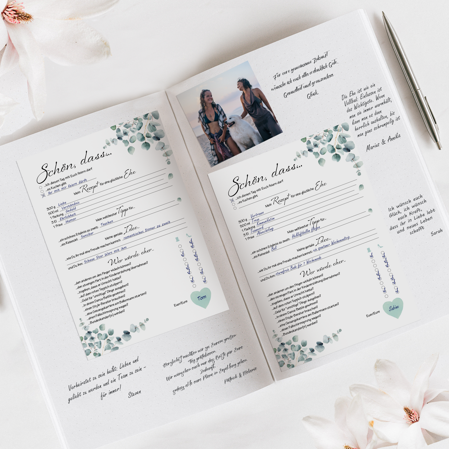 Hochzeitsspiel & Gästebuch-Karten für 50 Gäste im schönen Eukalyptus Design