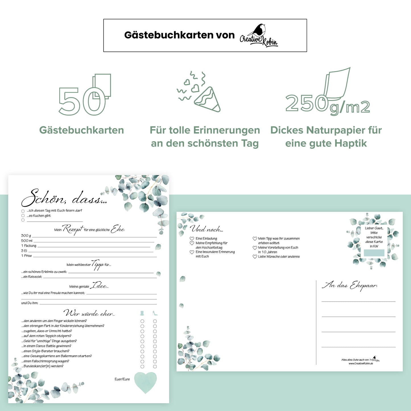 Hochzeitsspiel & Gästebuch-Karten für 50 Gäste im schönen Eukalyptus Design